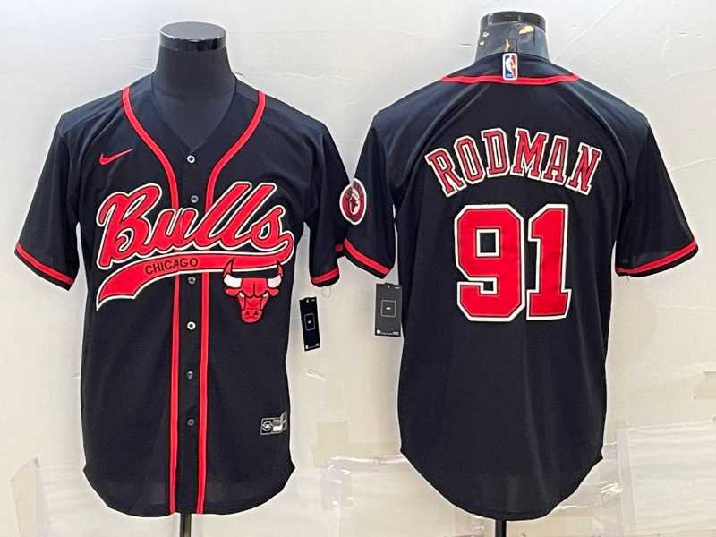 Mens Chicago Bulls #91 Dennis Rodman Black With Patch Cool Base Stitched Baseball Jersey->chicago bulls->NBA Jersey